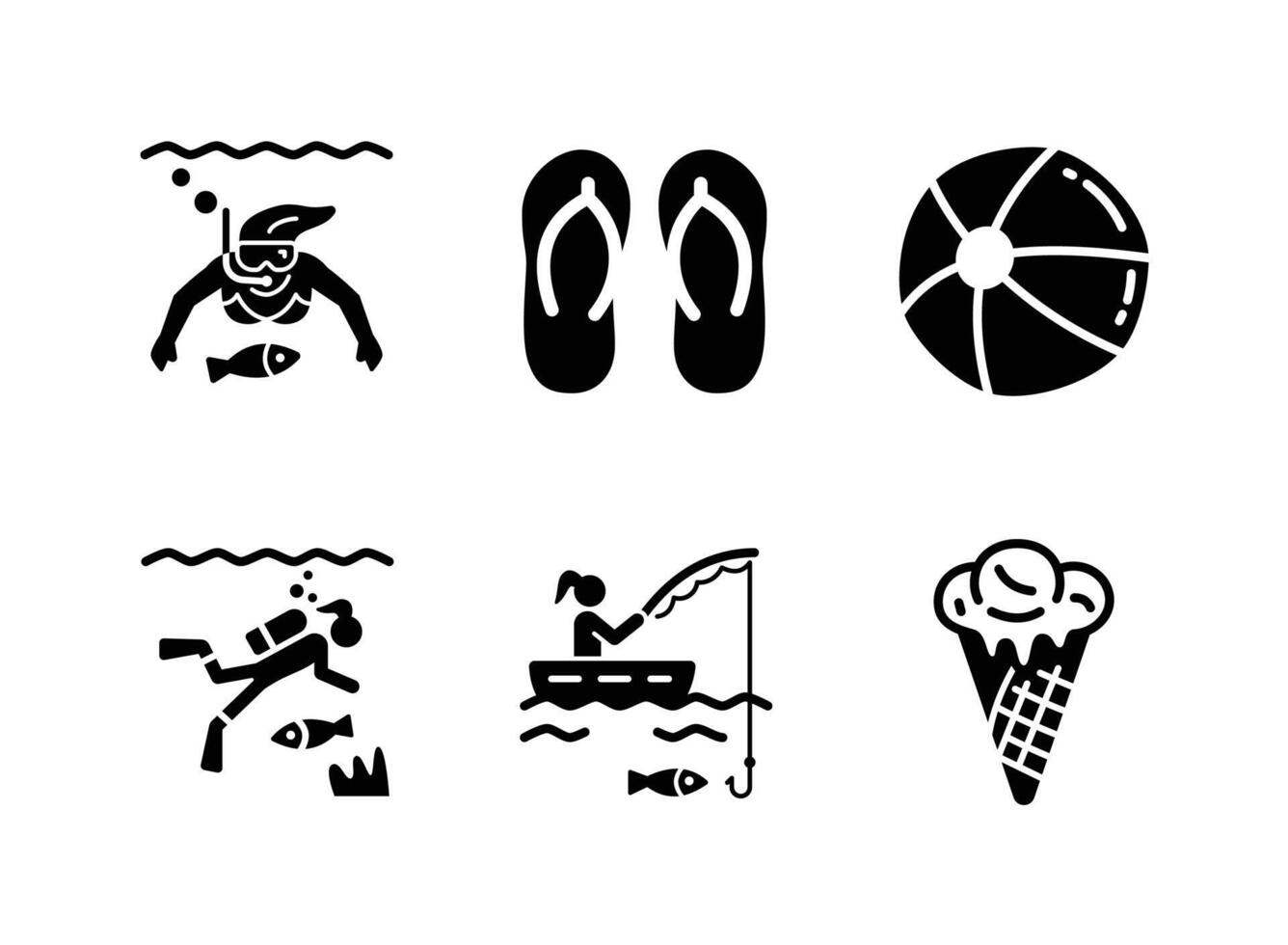 Snorkeling, Flip Flops, Beach Ball, Scuba Diving, Fishing, Ice Cream Solid Icons vector