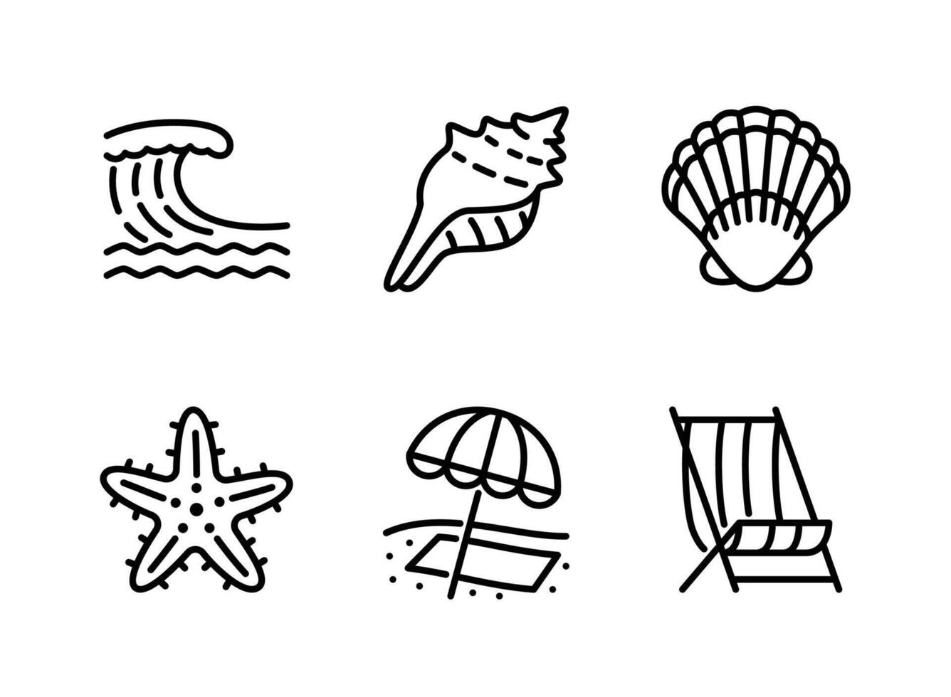 Sea Wave, Seashell, Starfish, Starfish, Beach Umbrella, Chair Line Icons vector