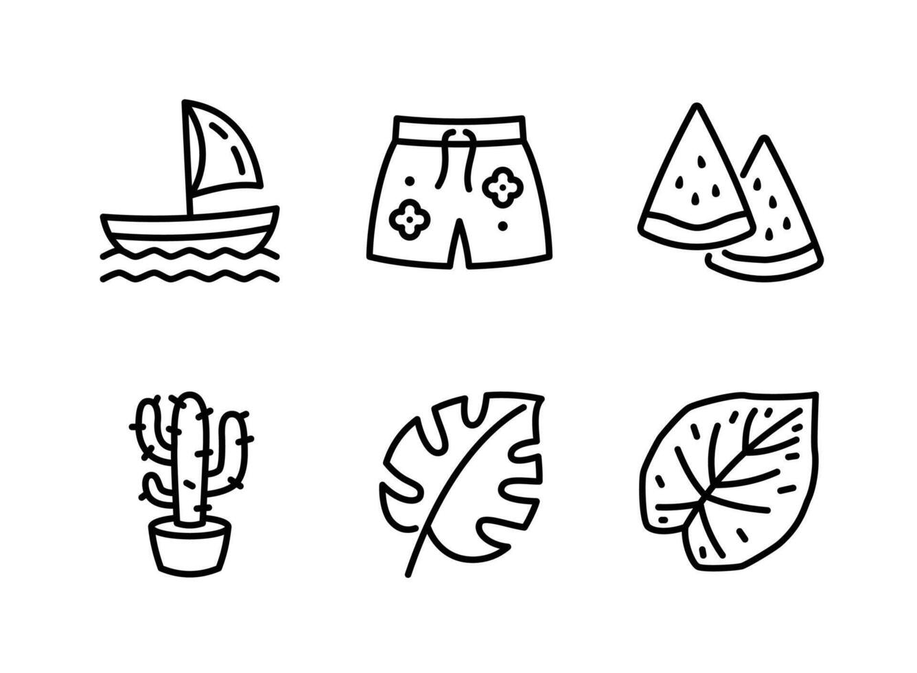 Sail Boat, Summer Pants, Watermelon, Cactus Potted, Tropical Leaf Line Icons vector