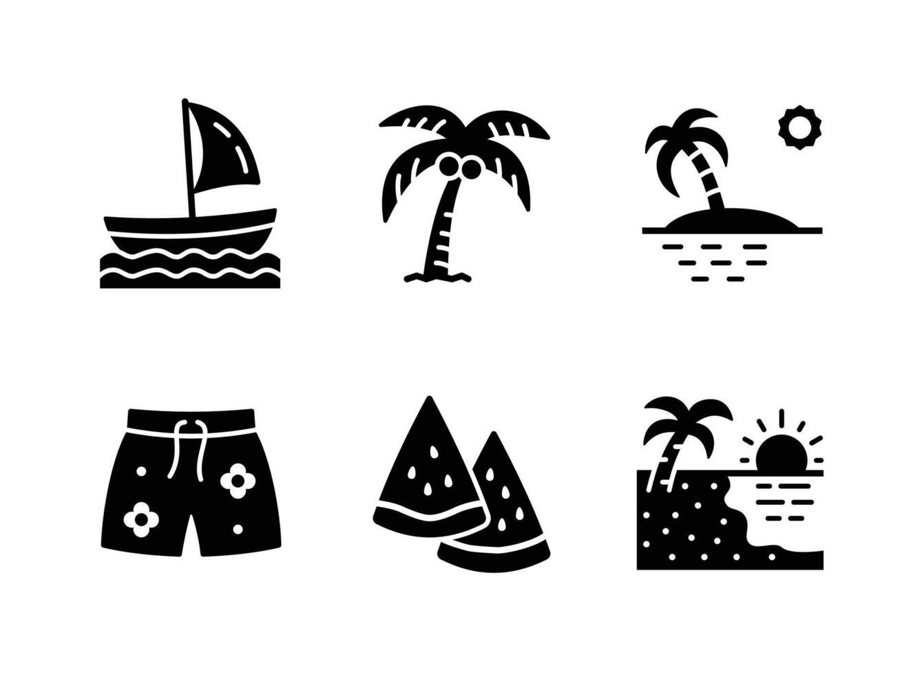 Sail Boat, Coconut Tree, Tropical Island, Short Pant, Watermelon, Beach Solid Icons vector
