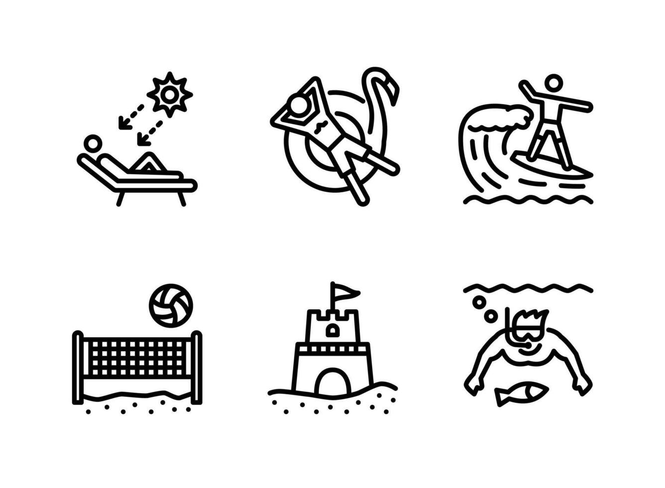 Sunbathing, Swimming, Surfing, Volleyball, Sandcastle, Snorkeling Line Icons vector
