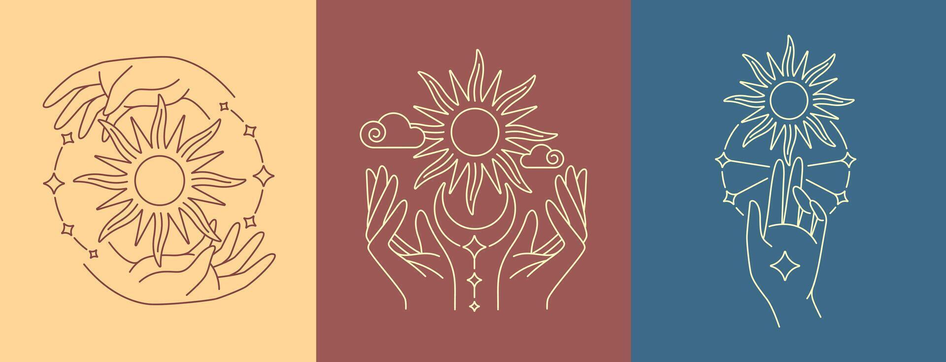 Hand and sun line art collection vector