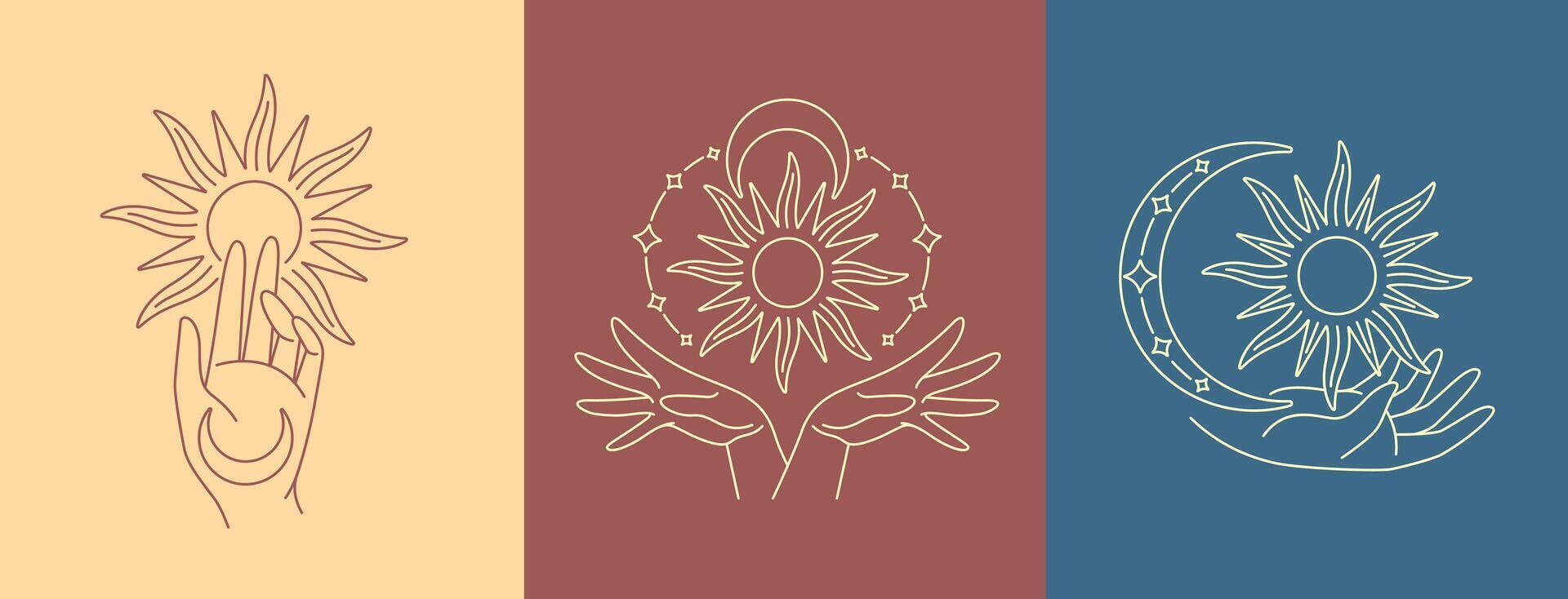 Hand and sun line art design collection vector