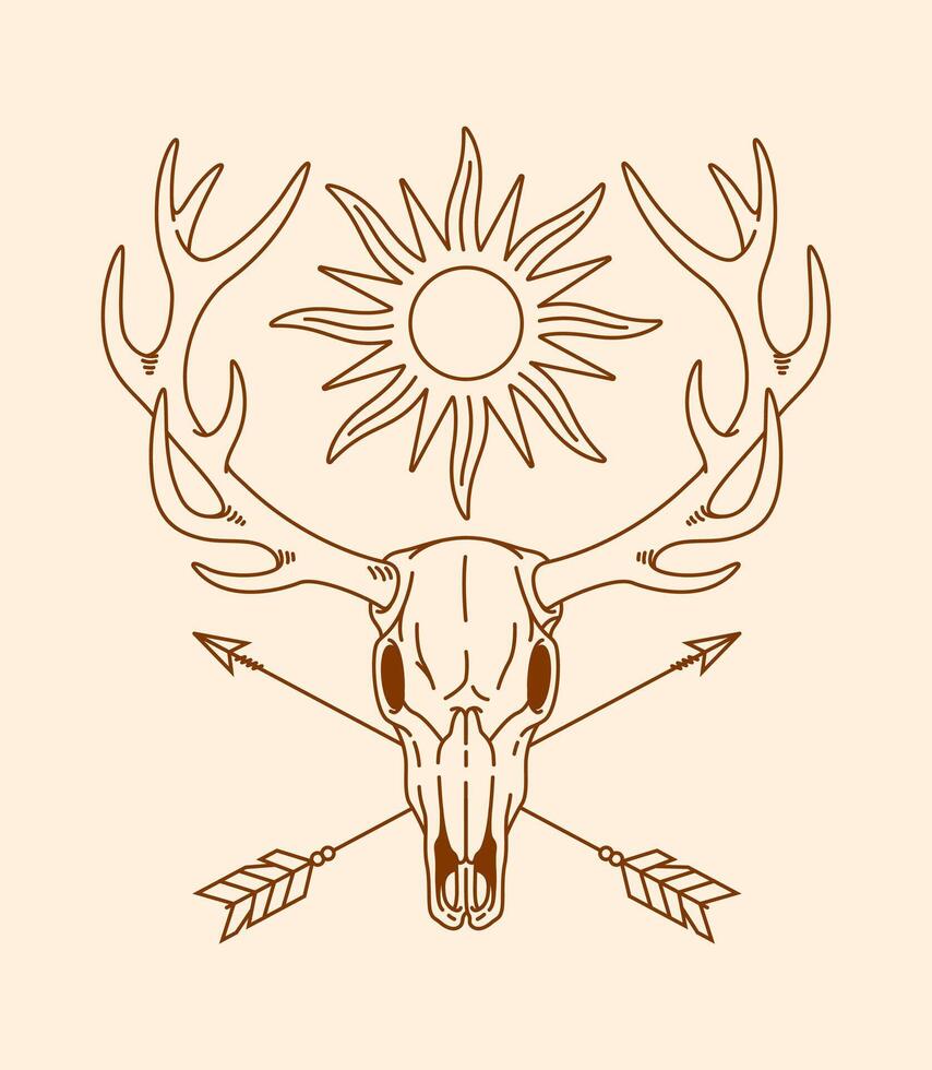 Deer skull and sun line art illustration vector
