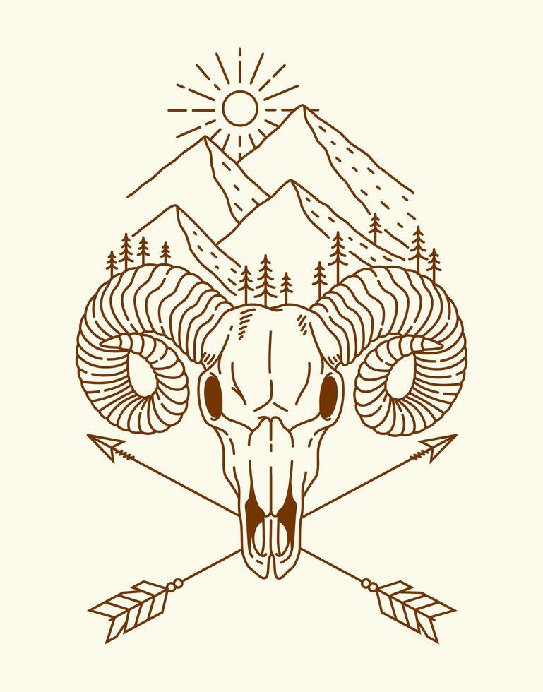 Sheep skull an mountain line art illustration vector