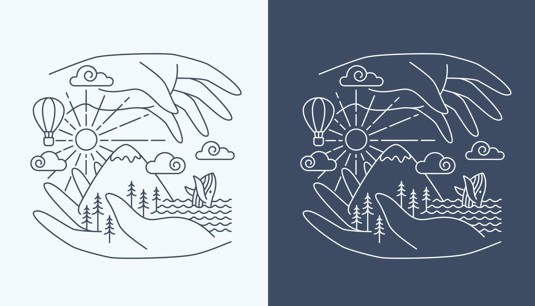 Beautiful line art hand and mountain views design vector