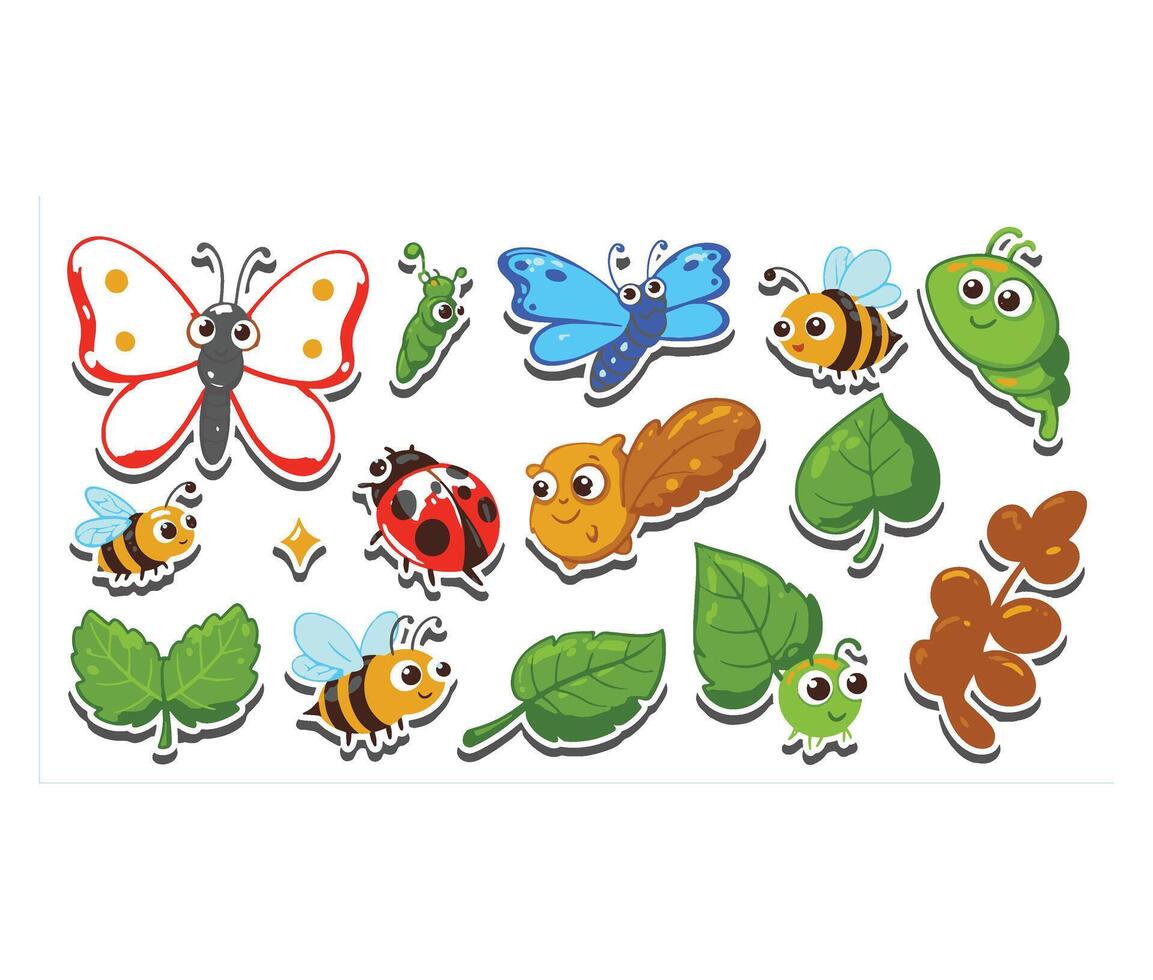 Garden bug sticker collection featuring adorable butterflies and cheerful bees vector