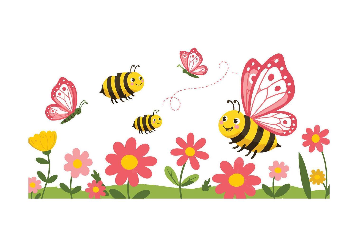 Cartoon Spring Meadow with Lovely Butterflies and Smiling Bees vector