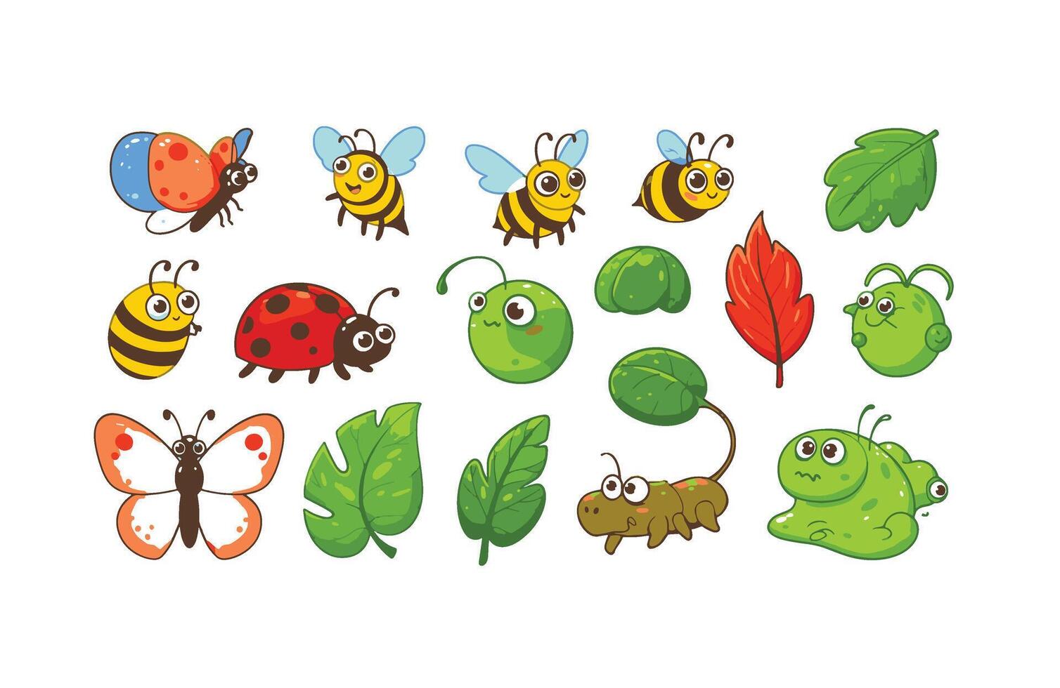 Detailed and adorable butterfly sticker set with leaves and small insects vector