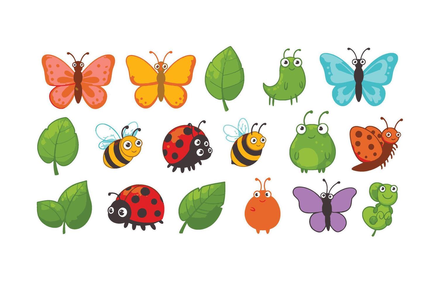 Stunning cartoon-style insect stickers featuring cute butterflies and clovers vector