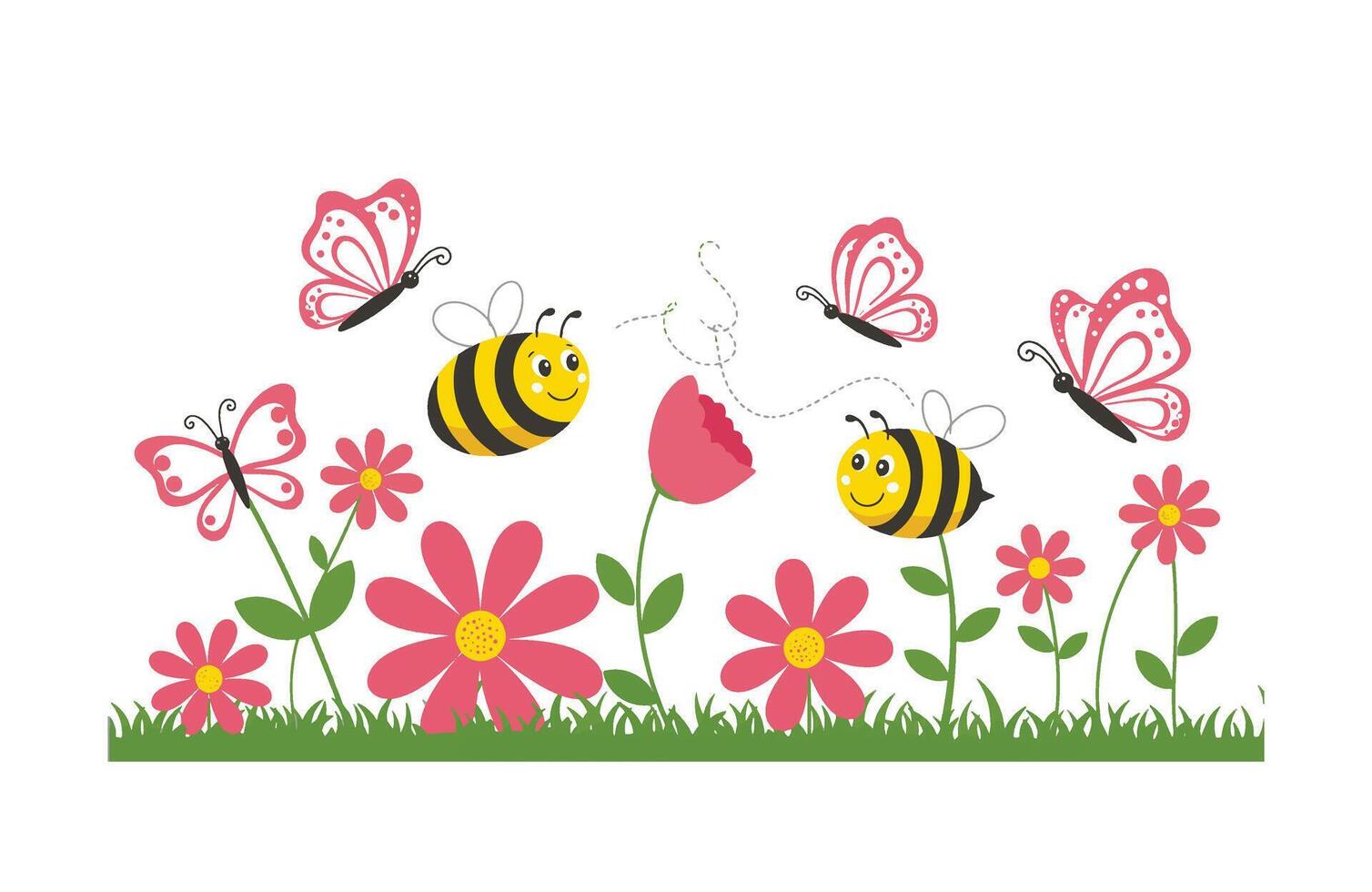 Lush Floral Paradise with Bees and Butterflies in a Sunny Spring Setting vector