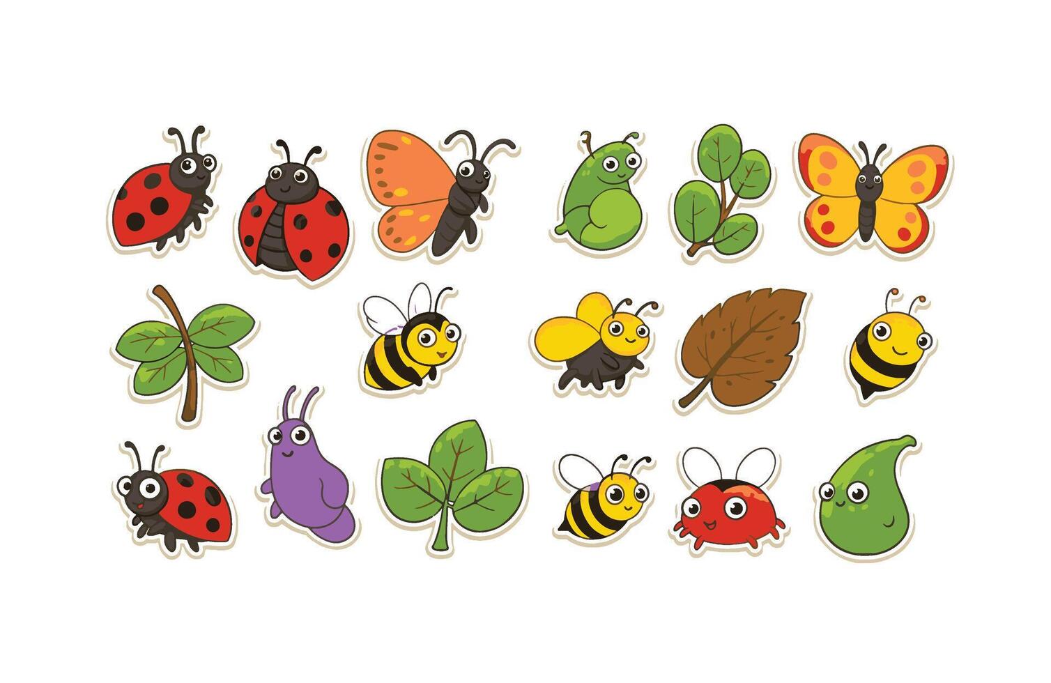 Kid-friendly cute insect stickers featuring bees butterflies and ladybugs vector