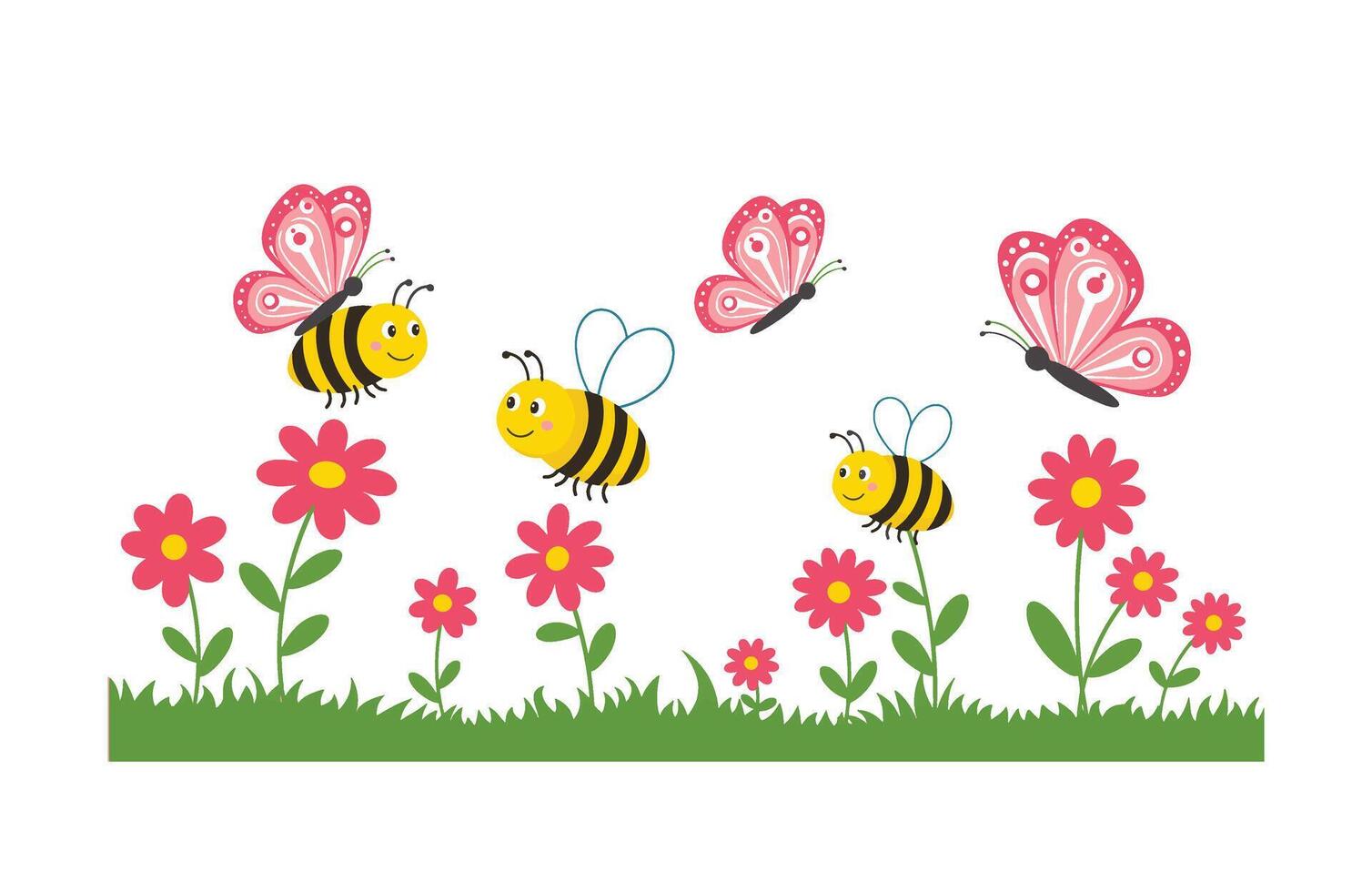 Serene Nature Scene with Lush Flowers and Graceful Flying Insects vector