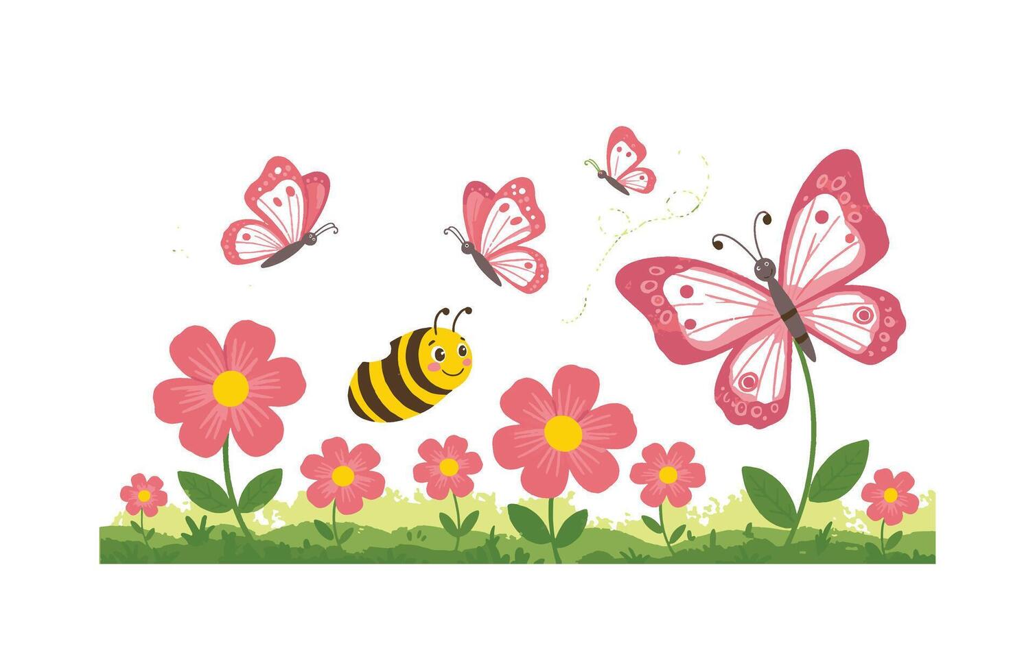 Pink and Yellow Blossoms with Bees and Butterflies in a Summer Meadow vector