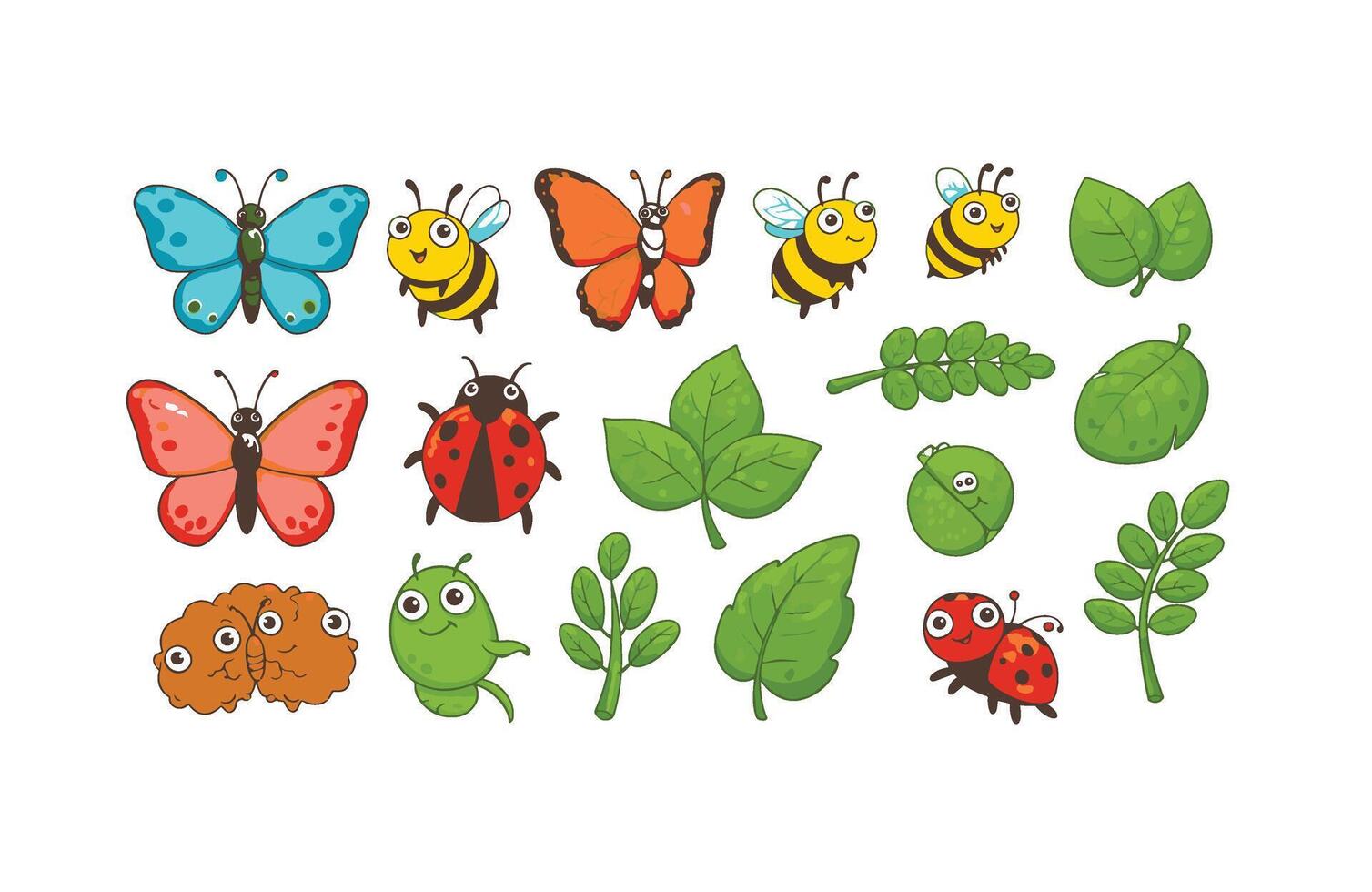 Smiling butterfly and ladybug sticker set with green leaves and flowers vector