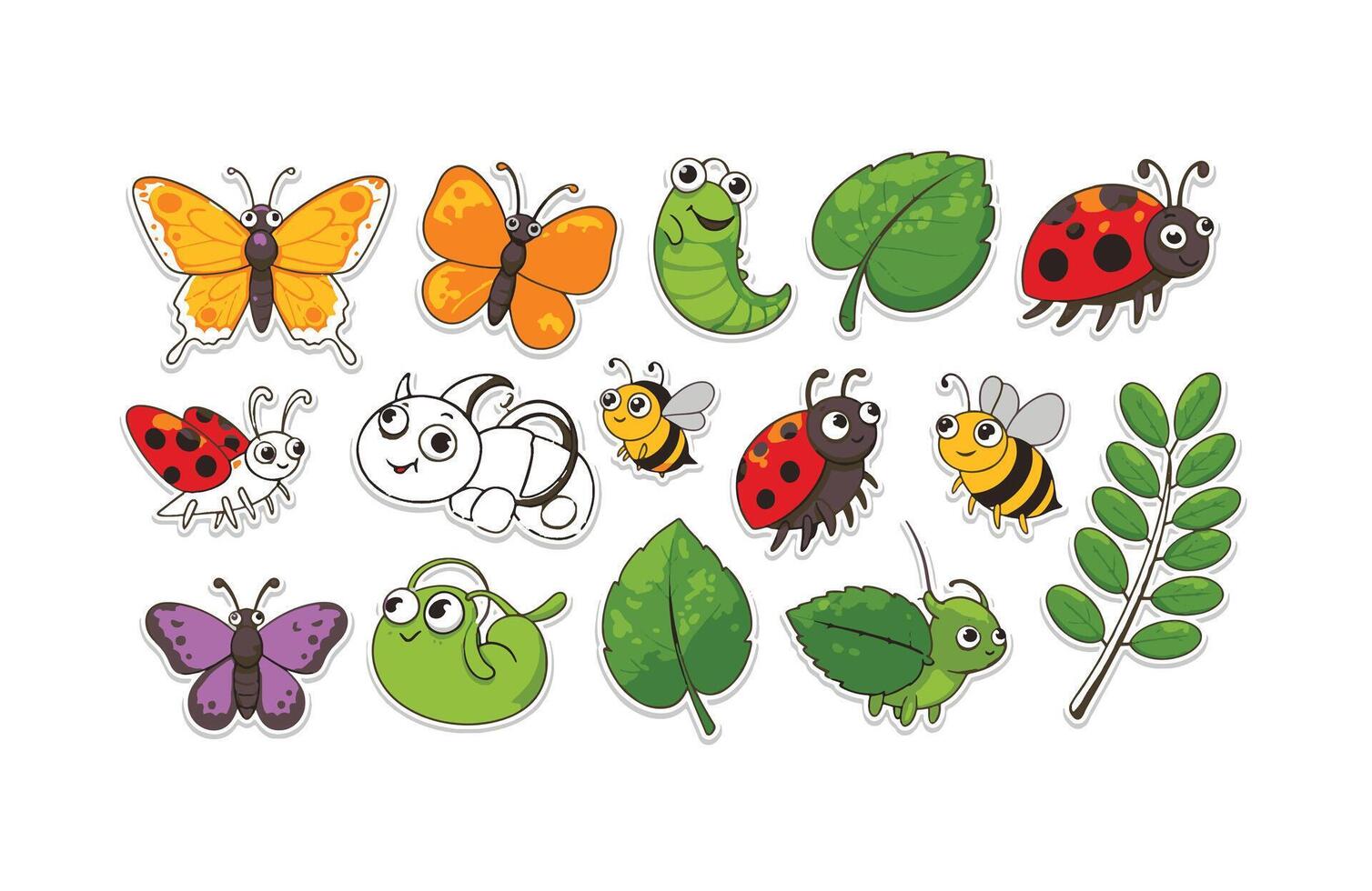 Cartoon butterfly and ladybug sticker set with whimsical hand-drawn details vector