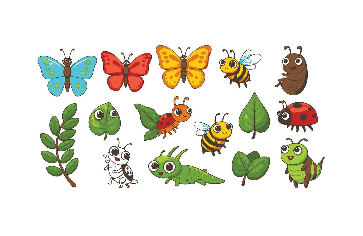 Adorable bug and nature sticker set featuring butterflies ladybugs and beetles vector
