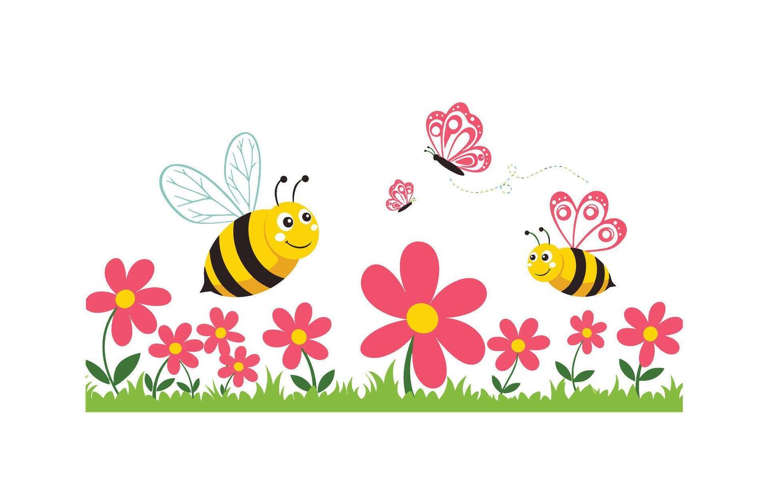 Animated Cartoon Garden with Buzzing Bees and Soft Petaled Blossoms vector