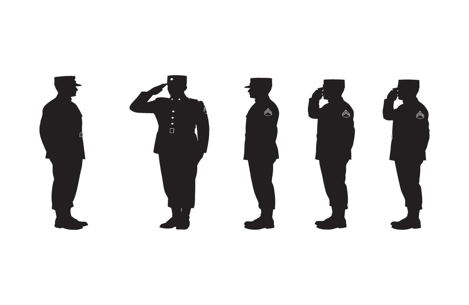 Silhouetted officers standing at attention saluting in a synchronized military stance vector