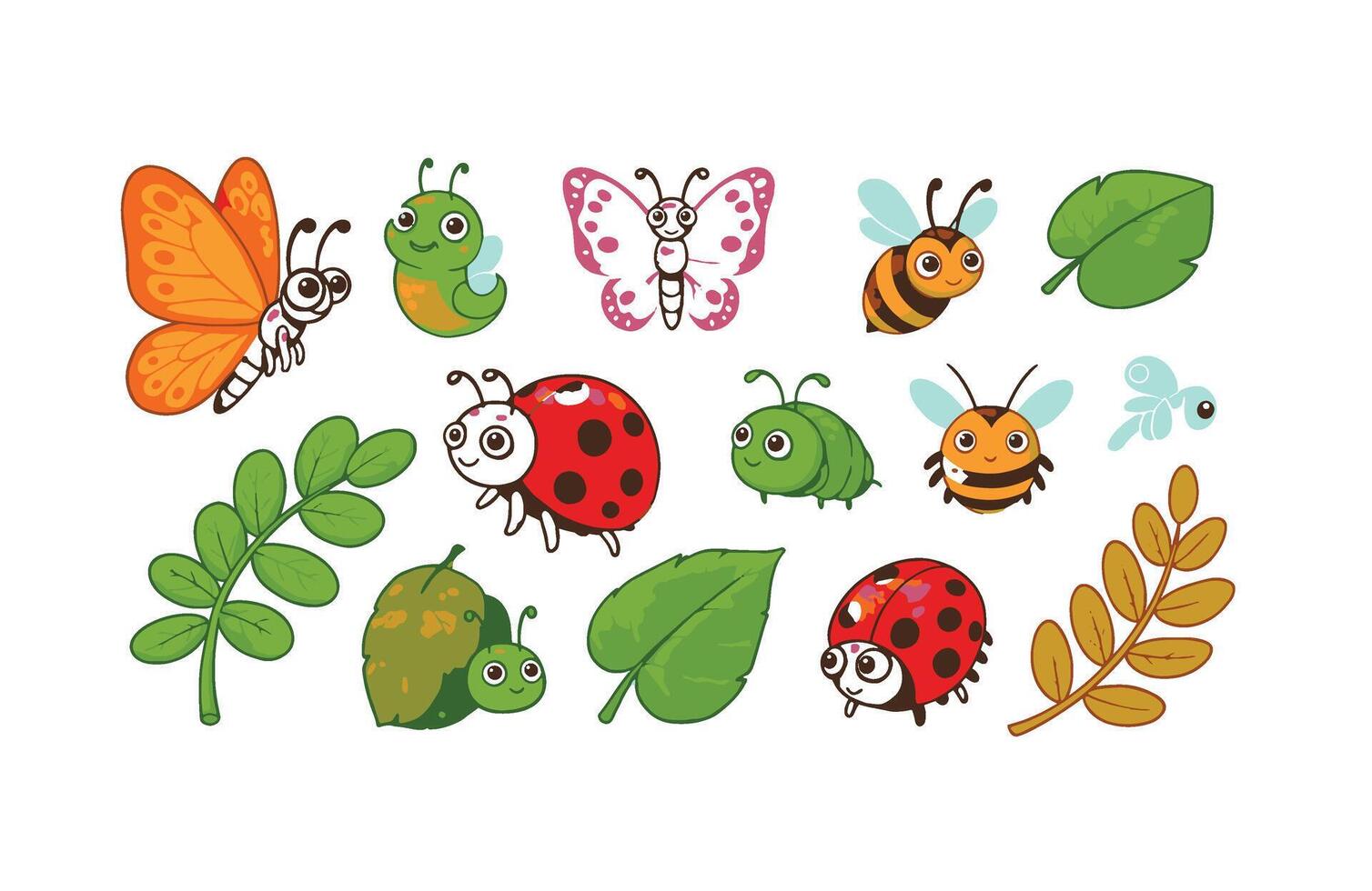 Charming cartoon insect set with bright cheerful butterflies and bees vector