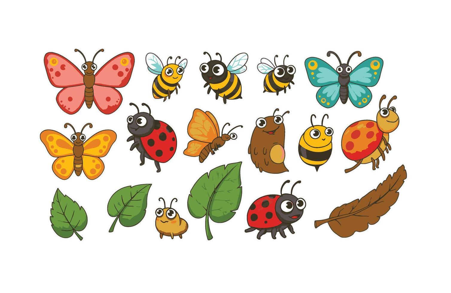 Bright and lively insect sticker collection featuring bugs butterflies and leaves vector