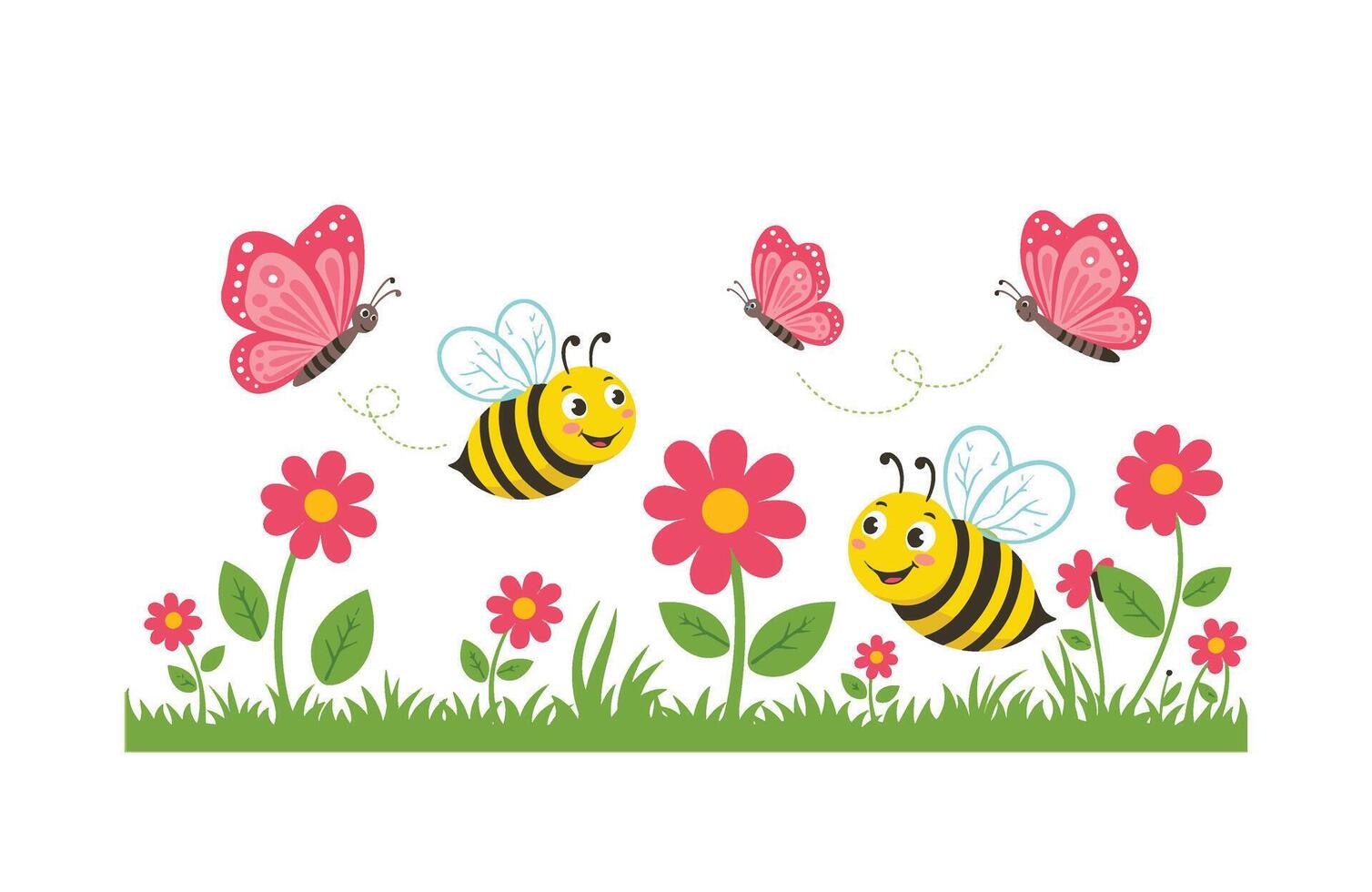 Happy Nature Illustration of a Sunny Garden with Blooming Flowers vector