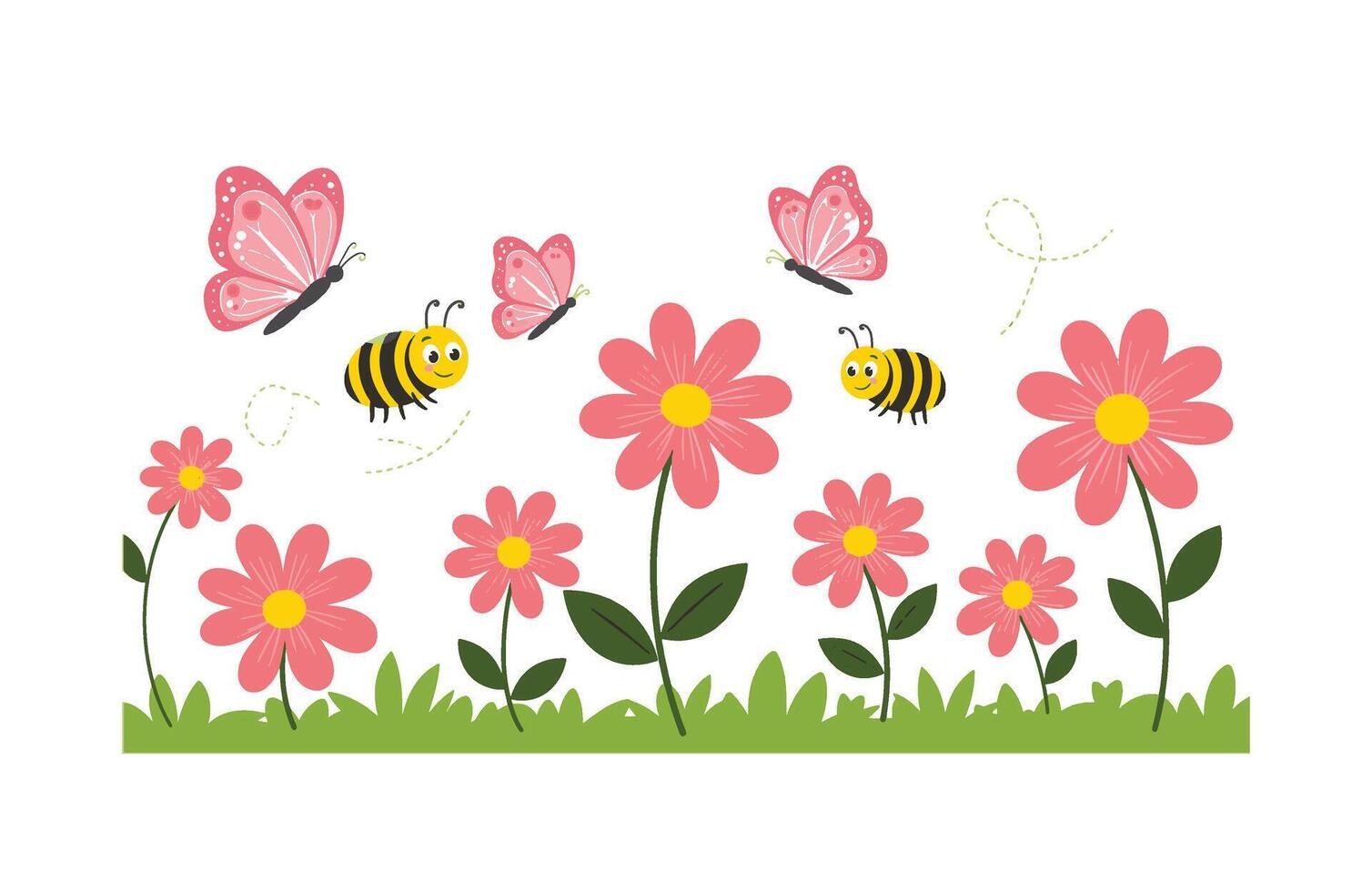 Animated Flower Garden with Buzzing Bees and Delicate Butterflies vector
