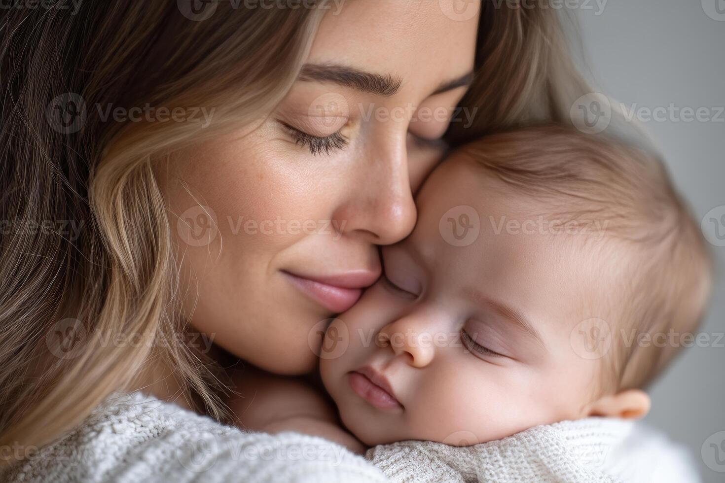 Mommy enjoys a tender moment, cuddling with her baby, radiating warmth and love in a cozy indoor setting photo