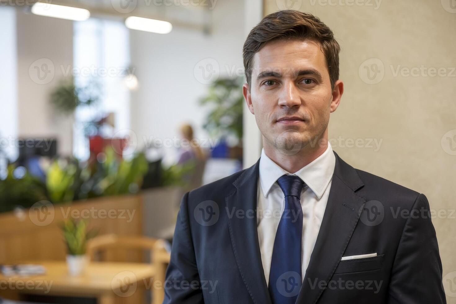 Confident young professional posed in a modern office with vibrant decor and lively atmosphere during a productive workday photo