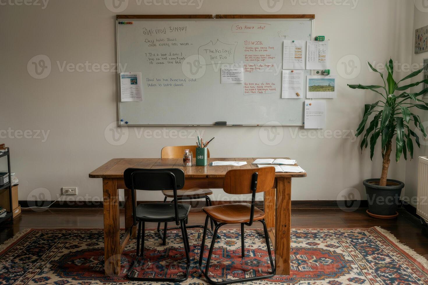 Cozy workspace featuring a wooden table, colorful rug, and a vibrant whiteboard filled with creative notes and ideas photo