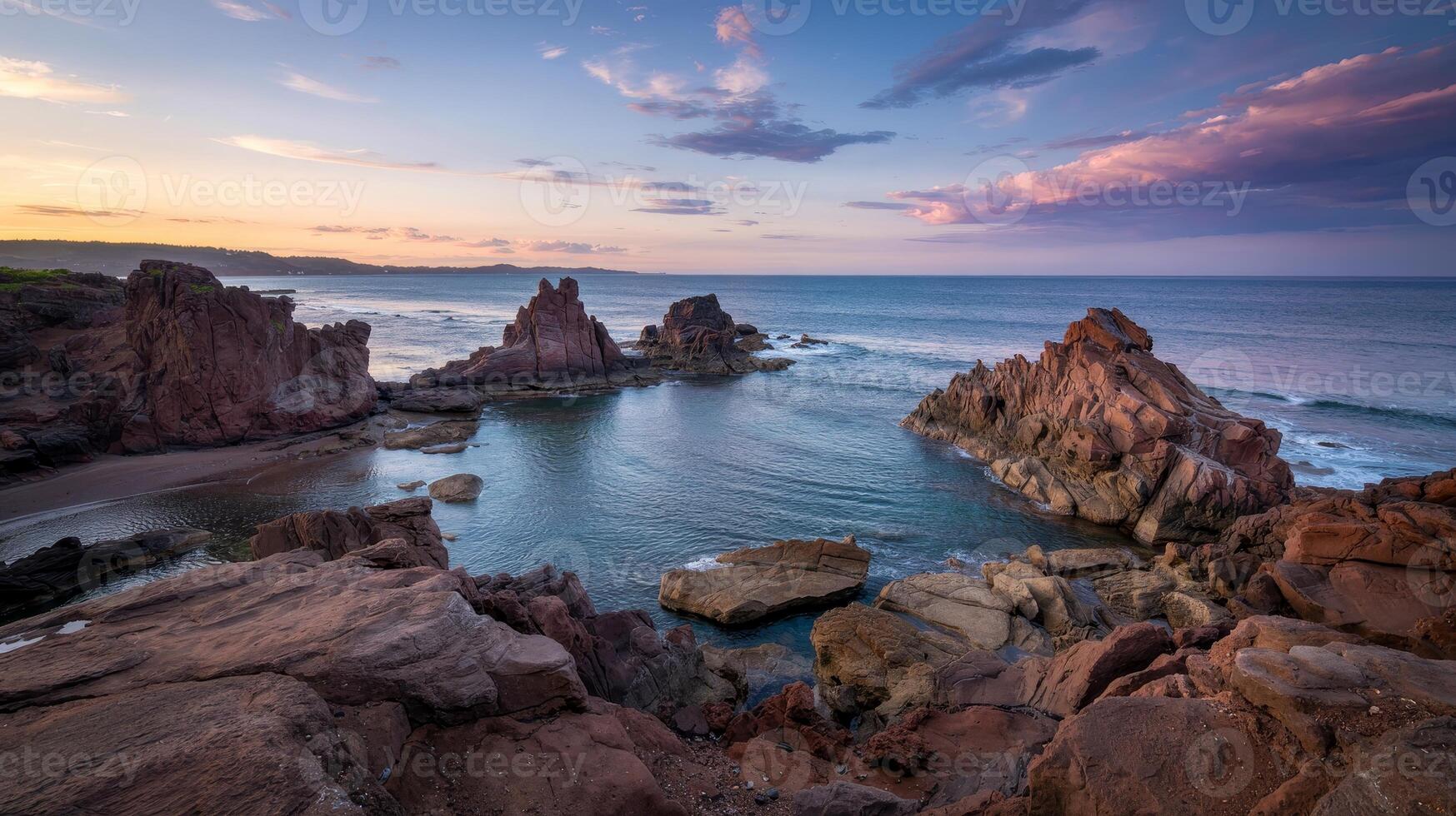 Coastal magic unfolds with jagged rocks and vibrant sunset over tranquil waters photo