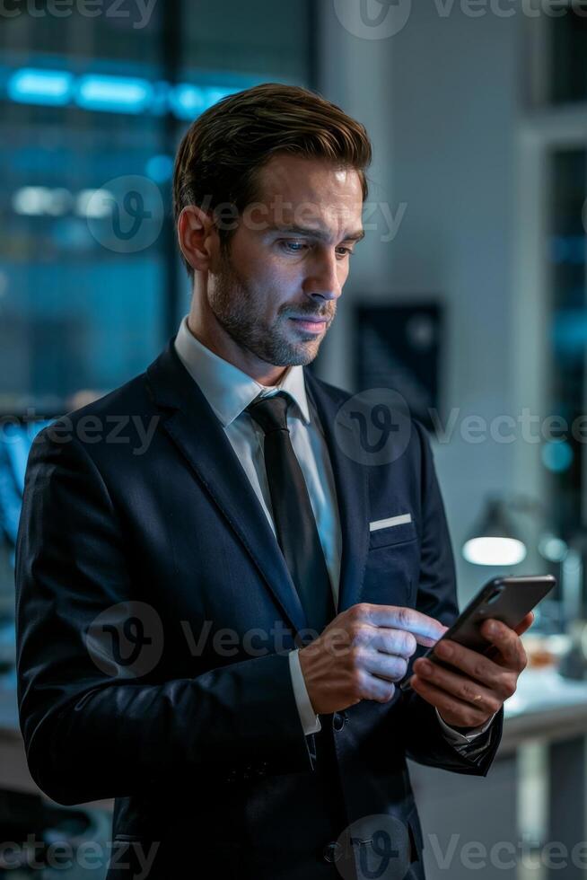 Dramatic portrait of a confident professional absorbed in mobile technology at night photo