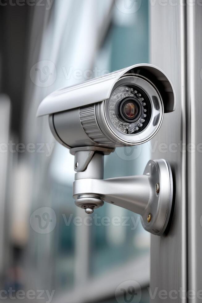 Focus on security with a surveillance camera installed on a modern building exterior photo
