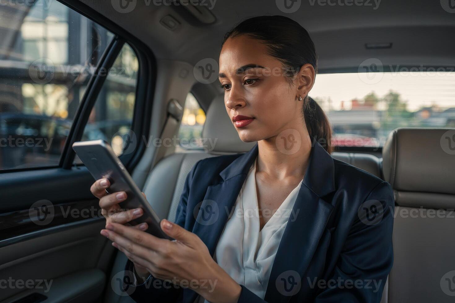 Young businesswoman engaged in focused work inside modern car photo