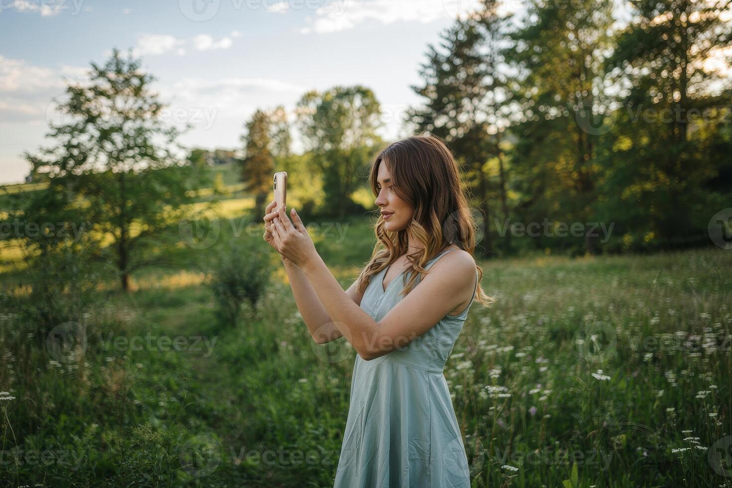 Capturing the beauty of nature in a meadow filled with wildflowers on a sunny day photo