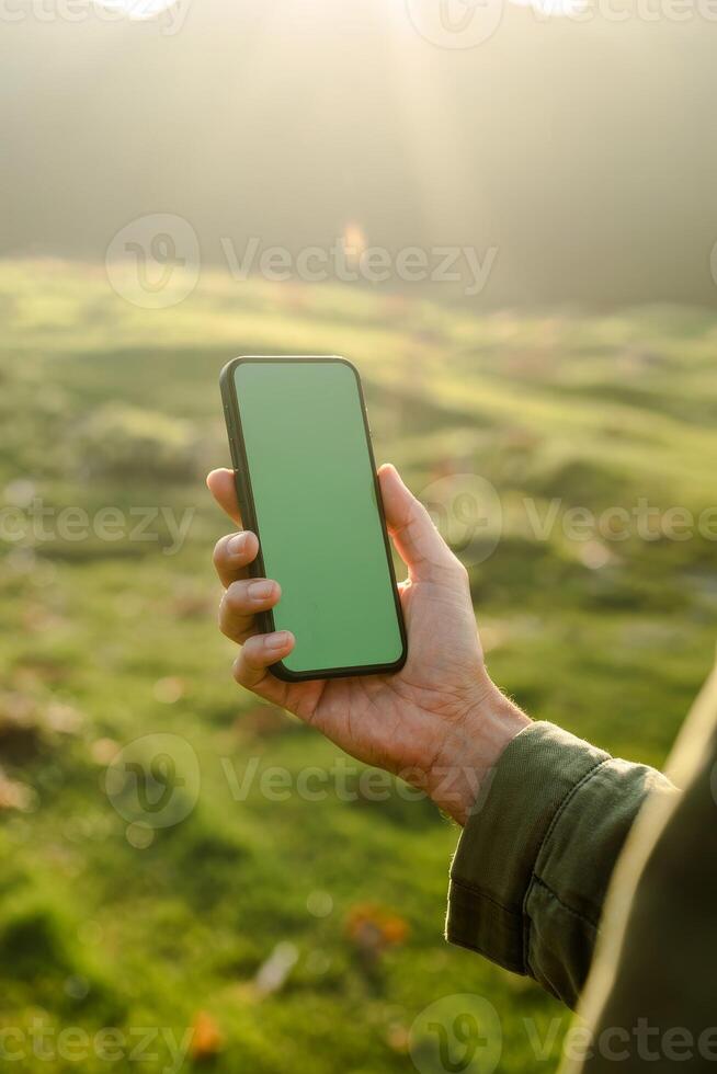 Vibrant hand holds smartphone in lush green landscape during golden hour glow photo