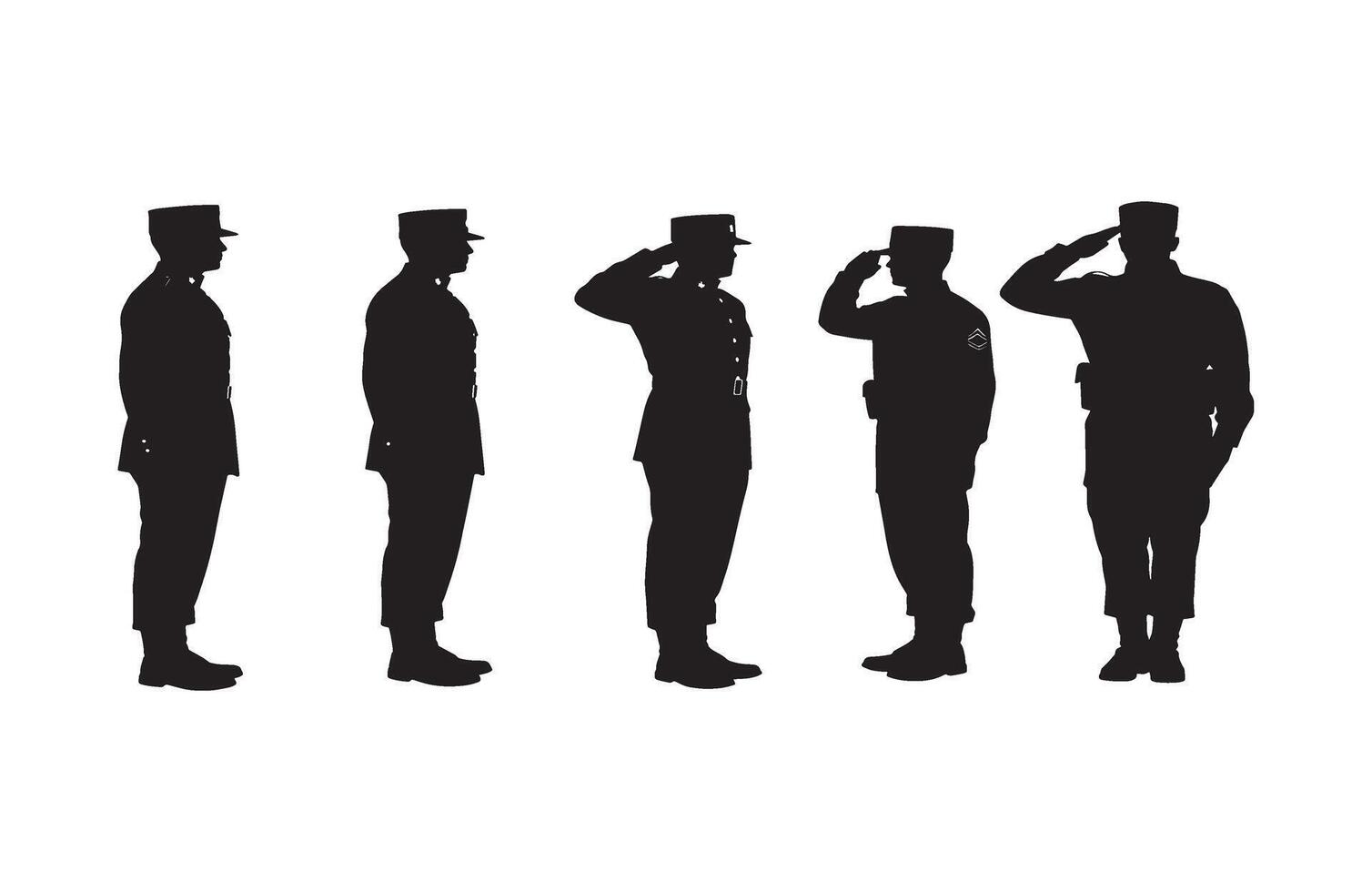 Army personnel saluting in five different postures representing discipline and unity vector