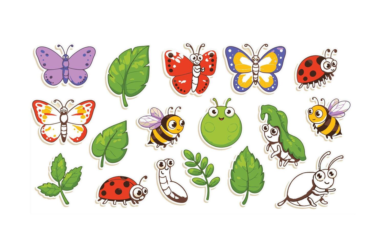 Cheerful and playful insect sticker bundle with butterflies and clover vector