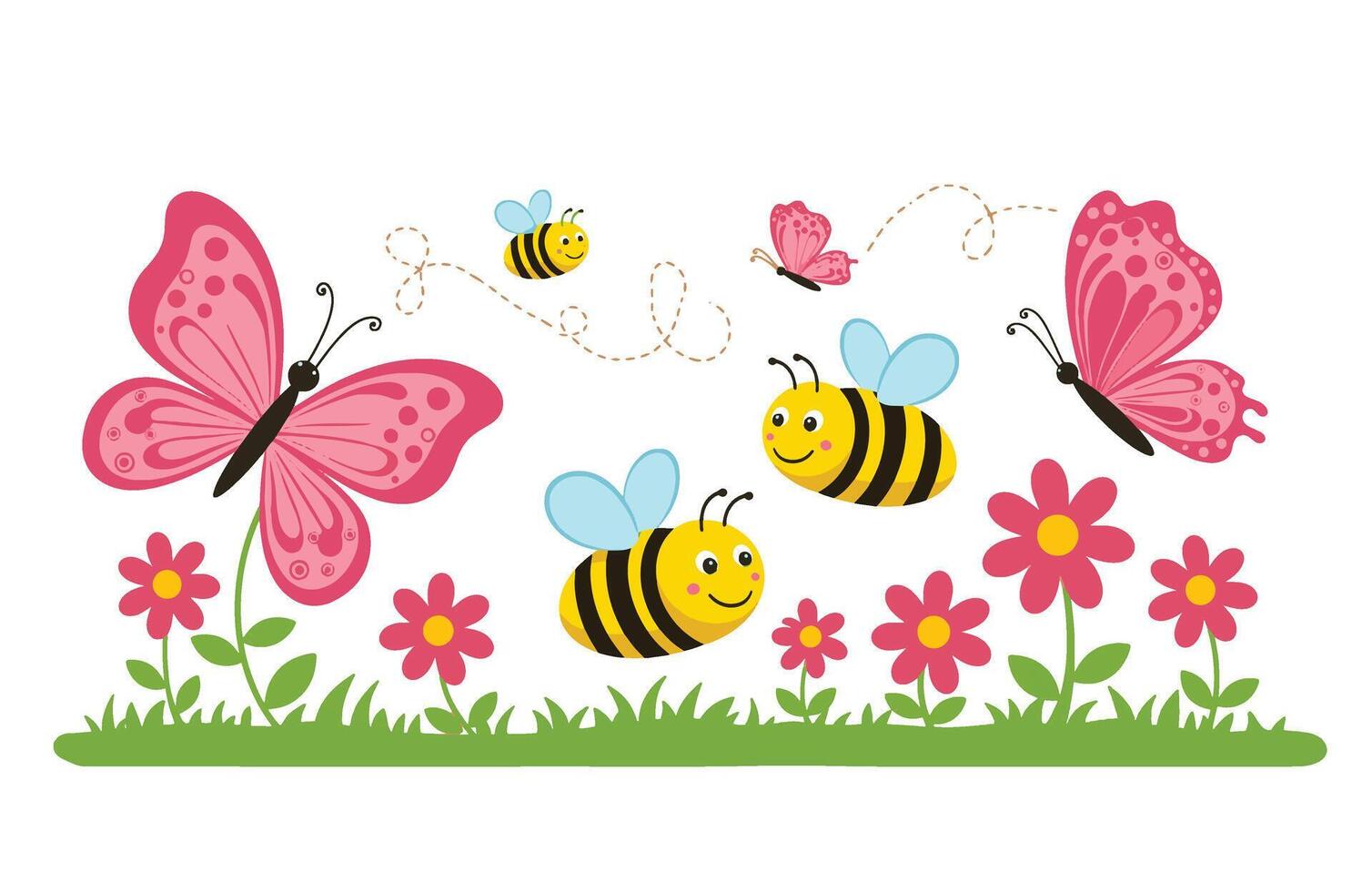 Flower Field Wonderland with Happy Bees and Gentle Floating Butterflies vector