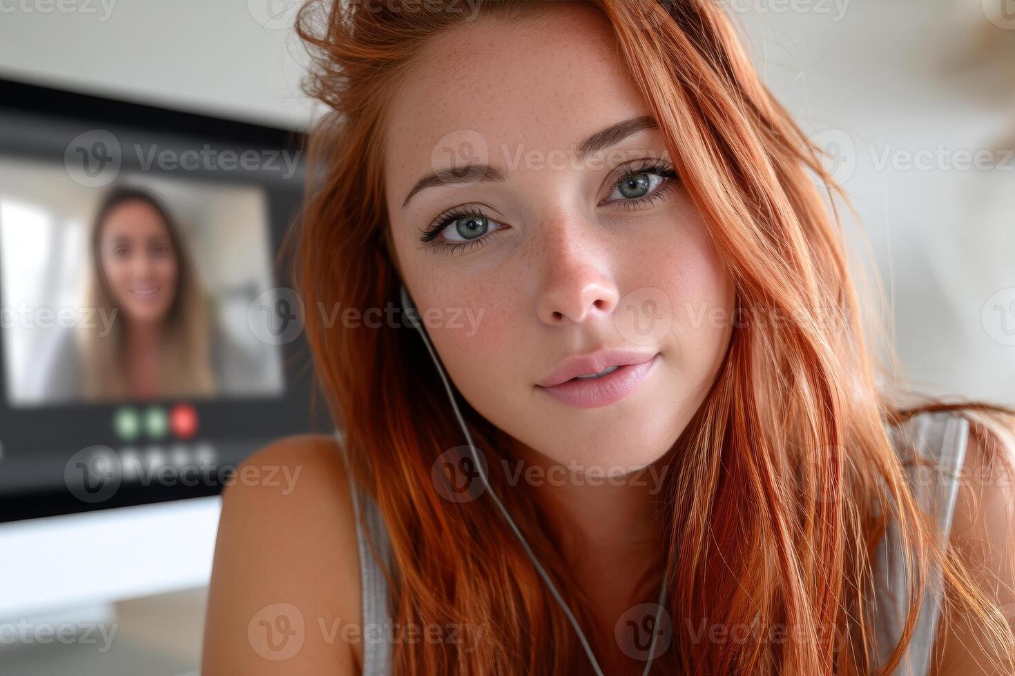 Young woman engaged in a virtual session with a powerful hypnotist, showcasing concentration and curiosity photo