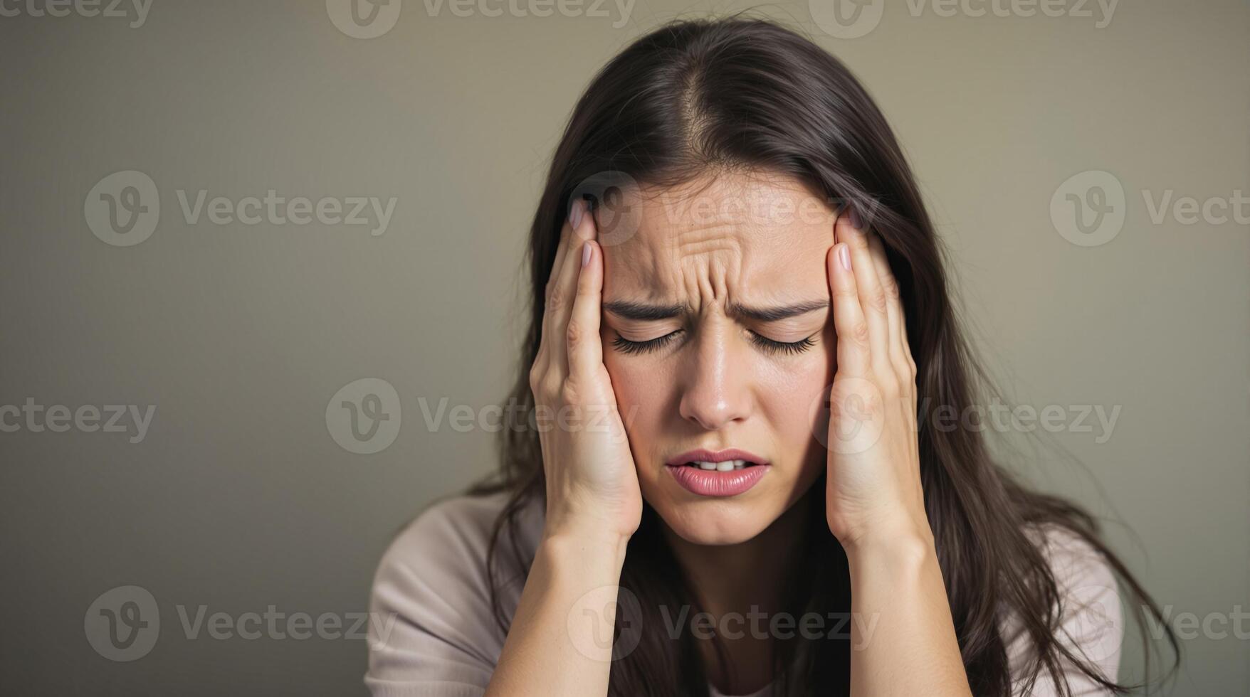 Overwhelmed young woman struggles with anxiety in a quiet indoor space during the late afternoon photo