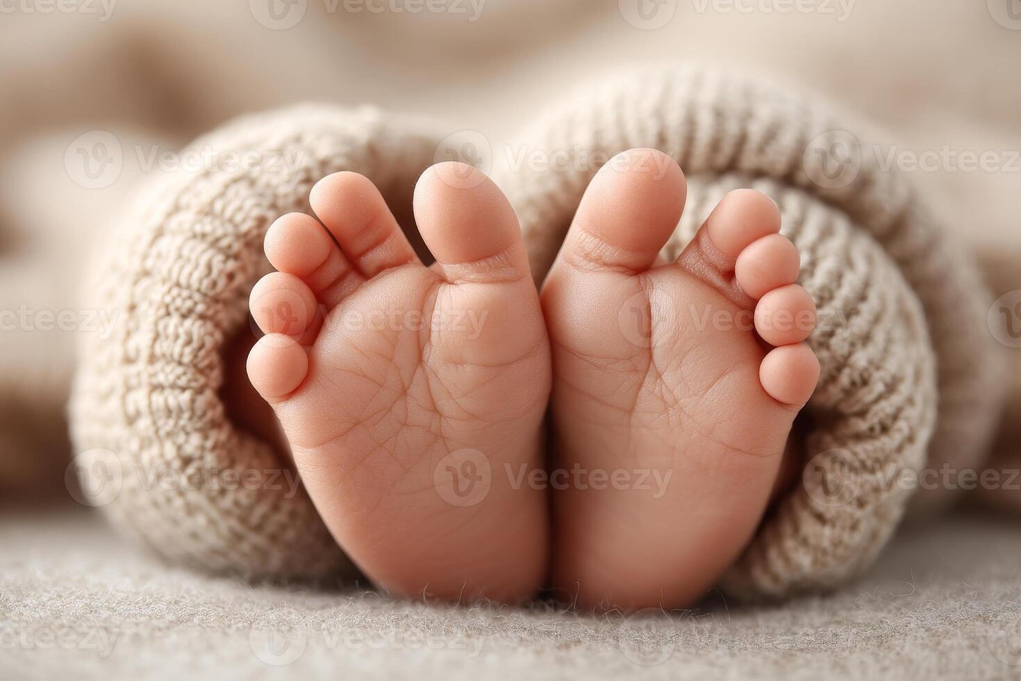 Delicate baby feet resting peacefully on a soft blanket in warm natural light photo