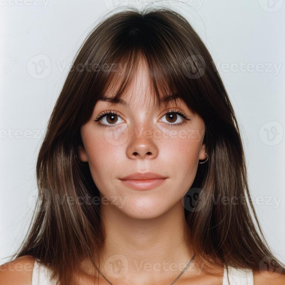 Realistic close-up portrait of 20-year-old brunette woman with soft lighting and a light background photo