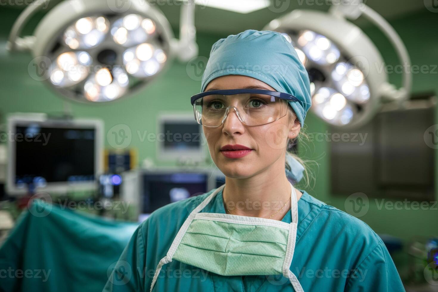 Dedicated healthcare professional prepared for surgery in a modern operating room environment under bright surgical lights photo