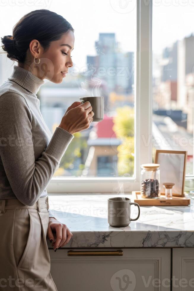 Enjoying a warm cup of coffee while gazing at the city skyline on a serene morning photo