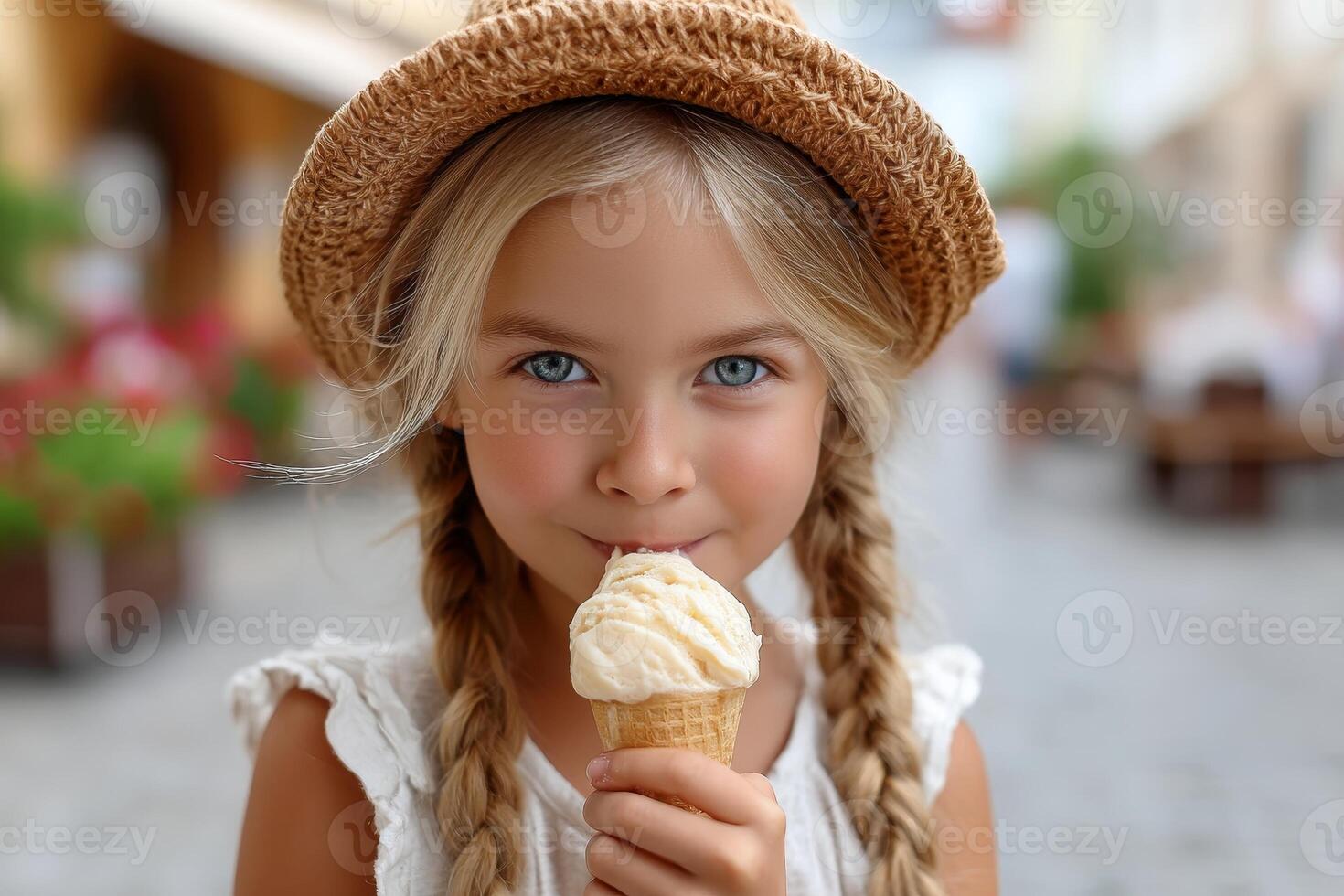 Young girl enjoys a delicious ice cream cone on a sunny day in a charming outdoor setting surrounded by greenery photo
