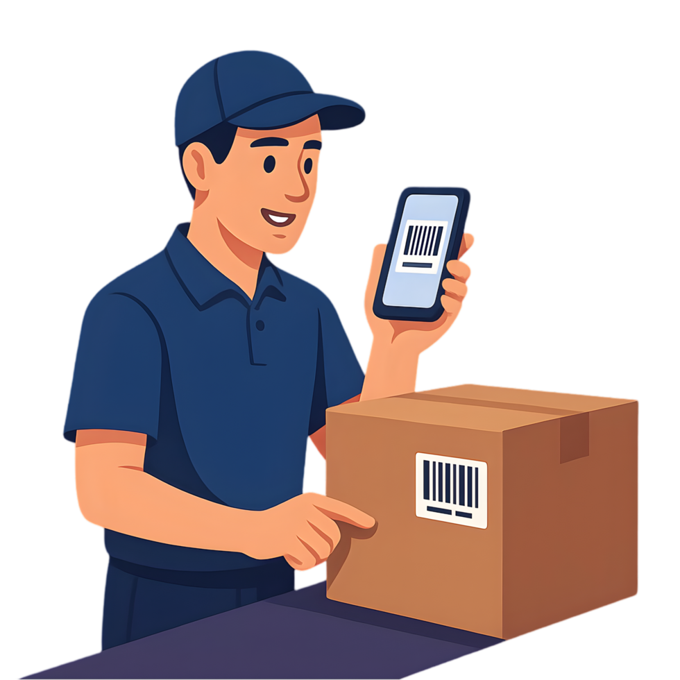 Deliveryman scanning barcode on package with transparent background in a business environment png