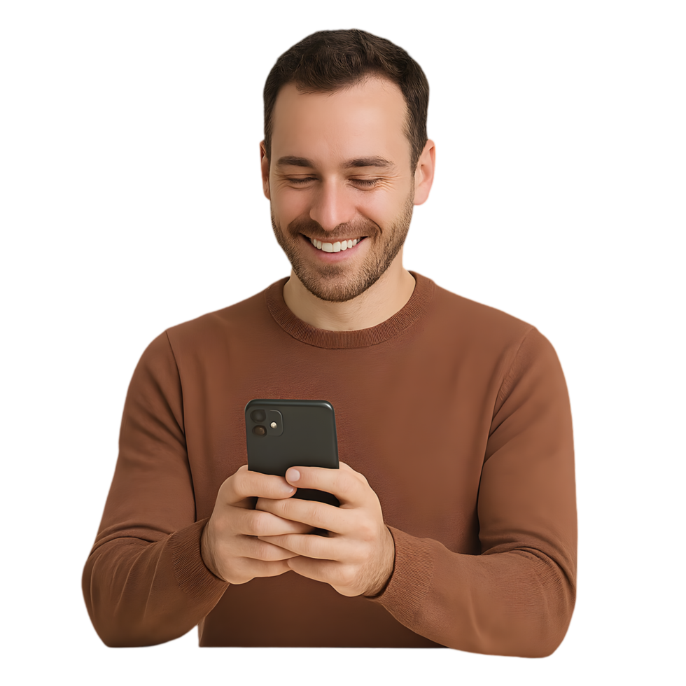Man holding smartphone and smiling transparent background modern lifestyle close-up view engaging concept png