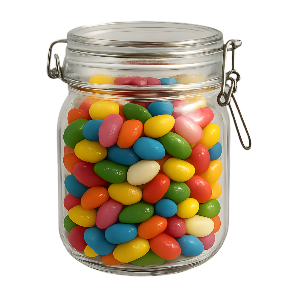 Colorful jelly beans in a glass jar transparent background playful display indoor environment close-up view for seo impact png