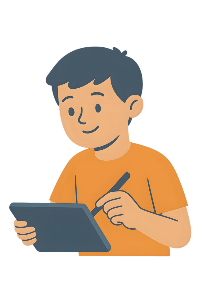 Boy using stylus on tablet with transparent background in a creative environment for digital art png